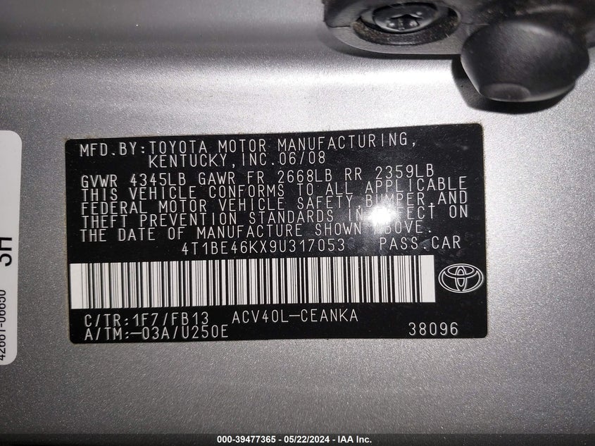 2009 Toyota Camry Le VIN: 4T1BE46KX9U317053 Lot: 39477365