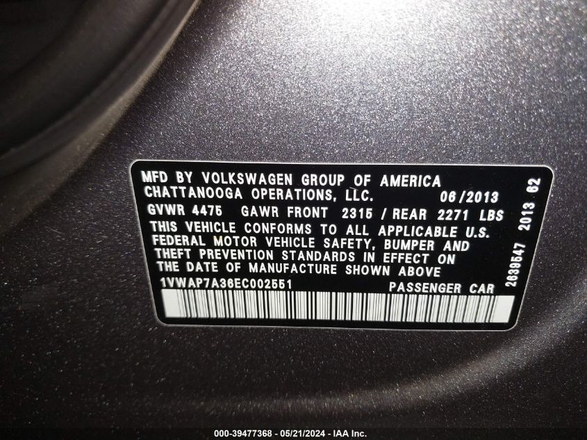 2014 Volkswagen Passat 2.5L Wolfsburg Edition VIN: 1VWAP7A36EC002551 Lot: 39477368