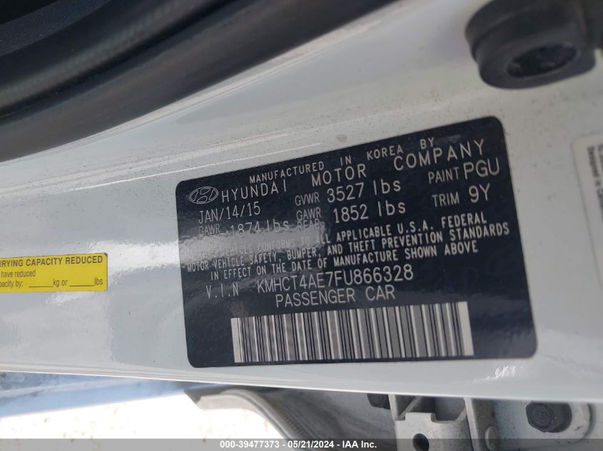 2015 Hyundai Accent Gls VIN: KMHCT4AE7FU866328 Lot: 39477373