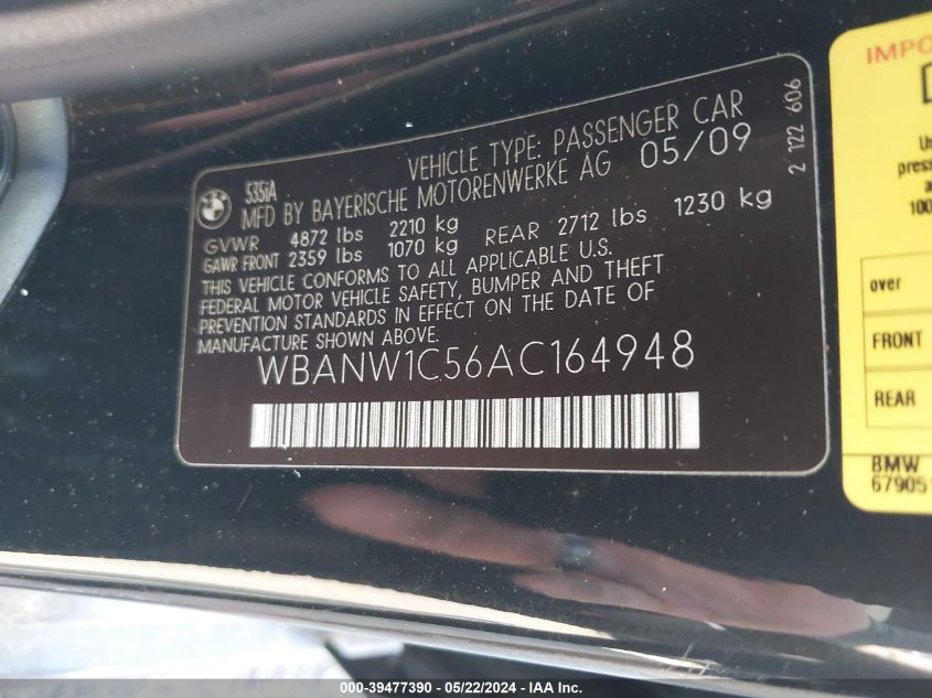2010 BMW 535I VIN: WBANW1C56AC164948 Lot: 39477390