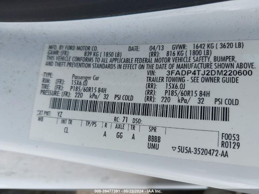 2013 Ford Fiesta S VIN: 3FADP4TJ2DM220600 Lot: 39477391