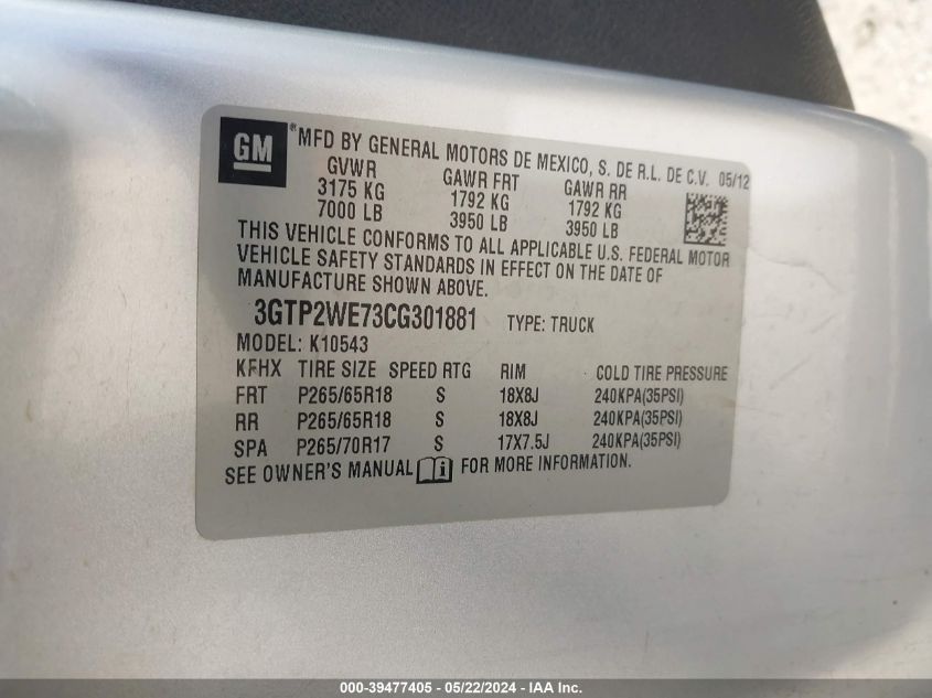 2012 GMC Sierra 1500 Slt VIN: 3GTP2WE73CG301881 Lot: 39477405