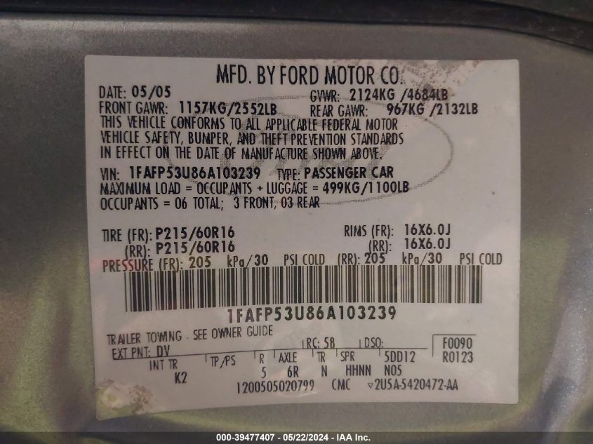 2006 Ford Taurus Se VIN: 1FAFP53U86A103239 Lot: 39477407
