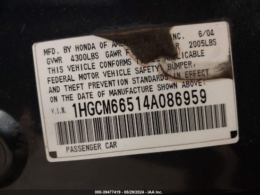 2004 Honda Accord 3.0 Ex VIN: 1HGCM66514A086959 Lot: 39477419