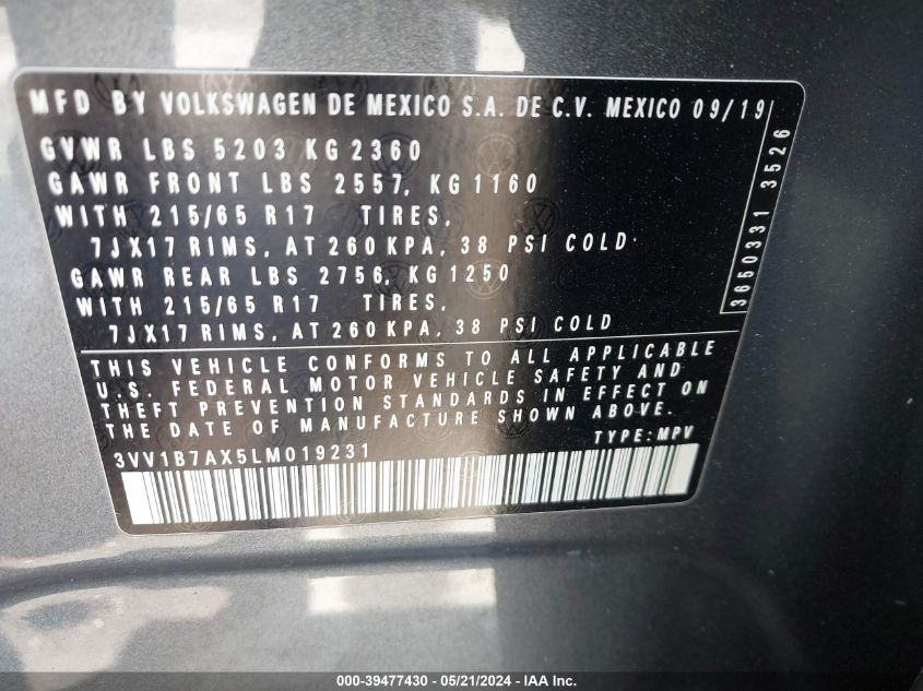 2020 Volkswagen Tiguan 2.0T S VIN: 3VV1B7AX5LM019231 Lot: 39477430