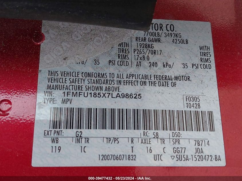 2007 Ford Expedition Eddie Bauer VIN: 1FMFU185X7LA98625 Lot: 39477432