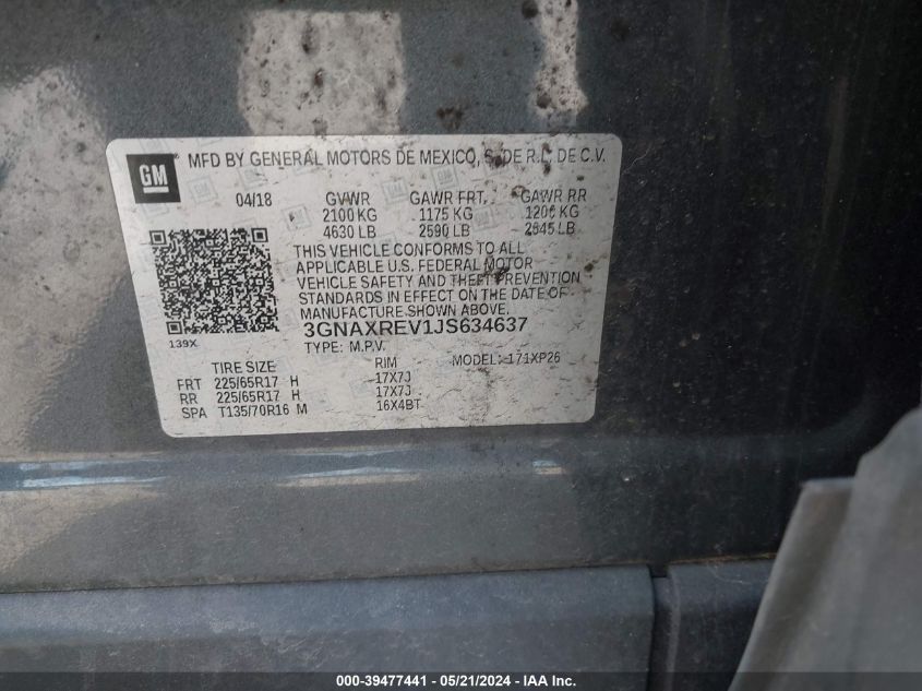 2018 Chevrolet Equinox Ls VIN: 3GNAXREV1JS634637 Lot: 39477441