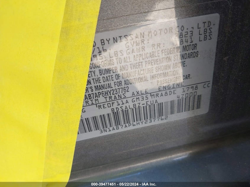 2017 Nissan Sentra S VIN: 3N1AB7AP6HY237762 Lot: 39477451