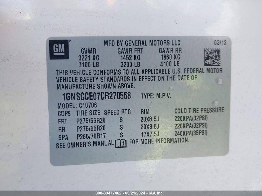 2012 Chevrolet Tahoe Ltz VIN: 1GNSCCE07CR270568 Lot: 39477462