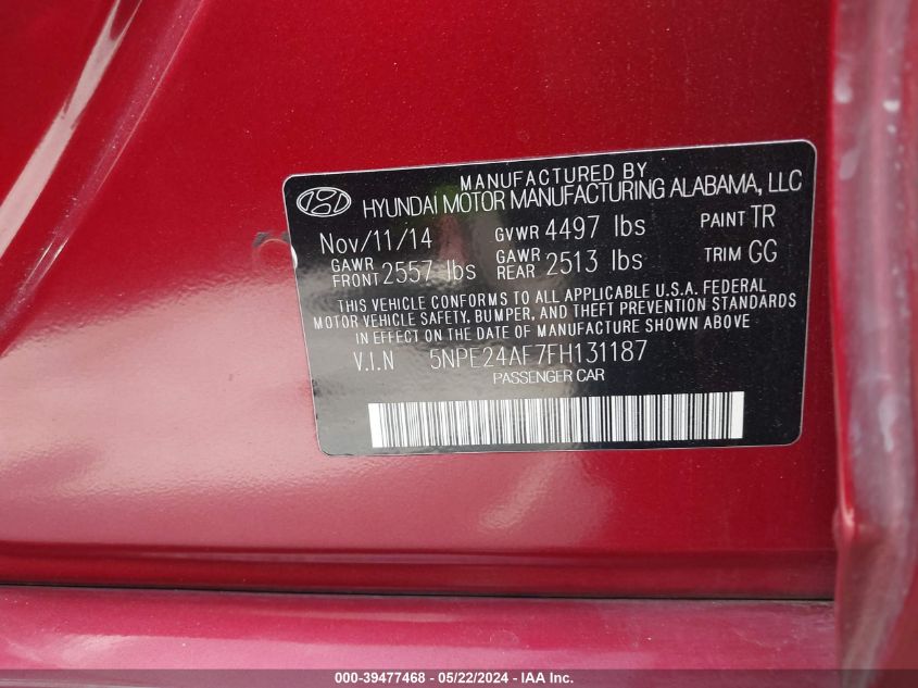 2015 Hyundai Sonata Se VIN: 5NPE24AF7FH131187 Lot: 39477468