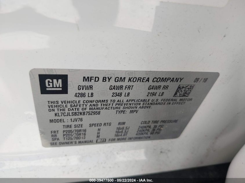 2019 Chevrolet Trax Lt VIN: KL7CJLSB2KB752958 Lot: 39477500