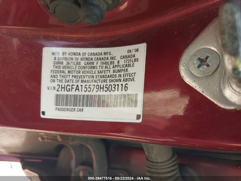 2009 Honda Civic Lx VIN: 2HGFA15579H503116 Lot: 39477516