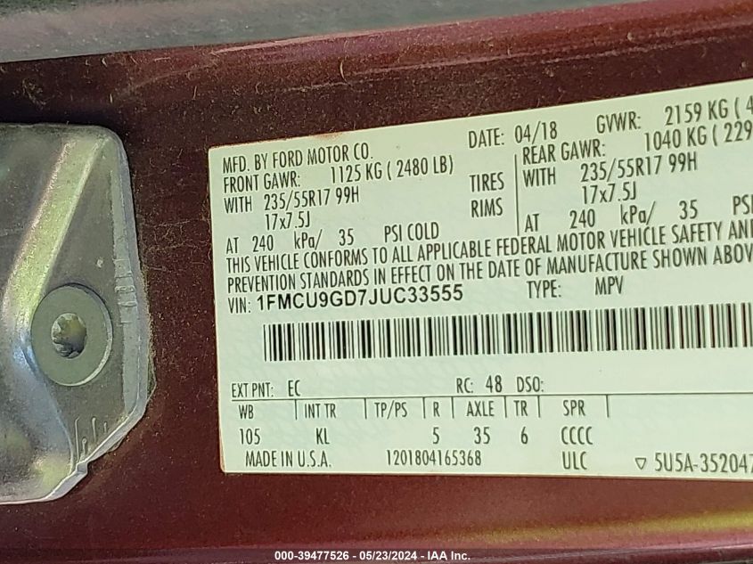 2018 Ford Escape Se VIN: 1FMCU9GD7JUC33555 Lot: 39477526