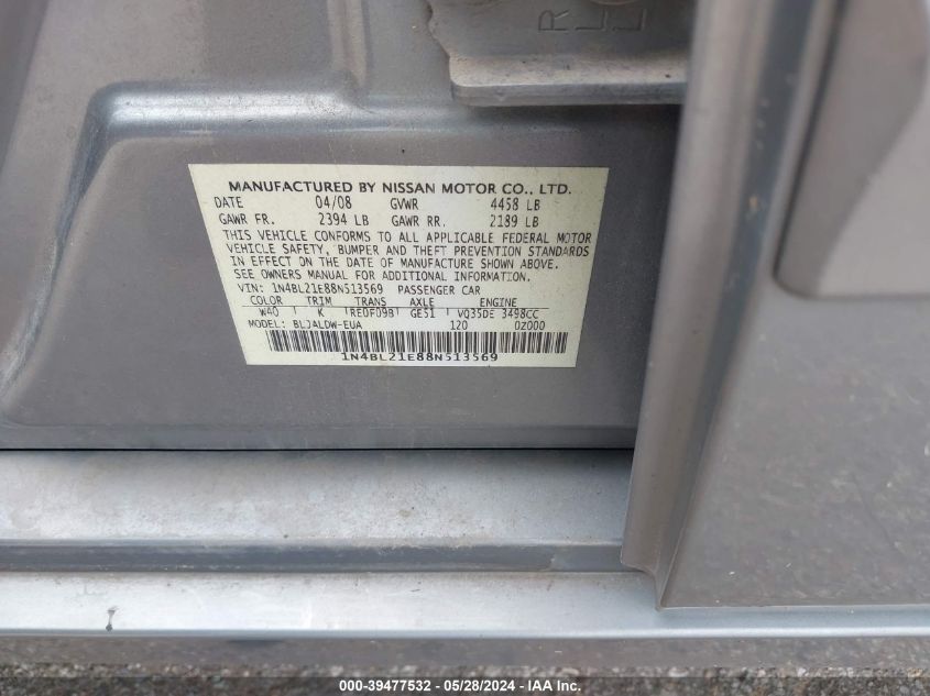 2008 Nissan Altima 3.5 Se VIN: 1N4BL21E88N513569 Lot: 39477532