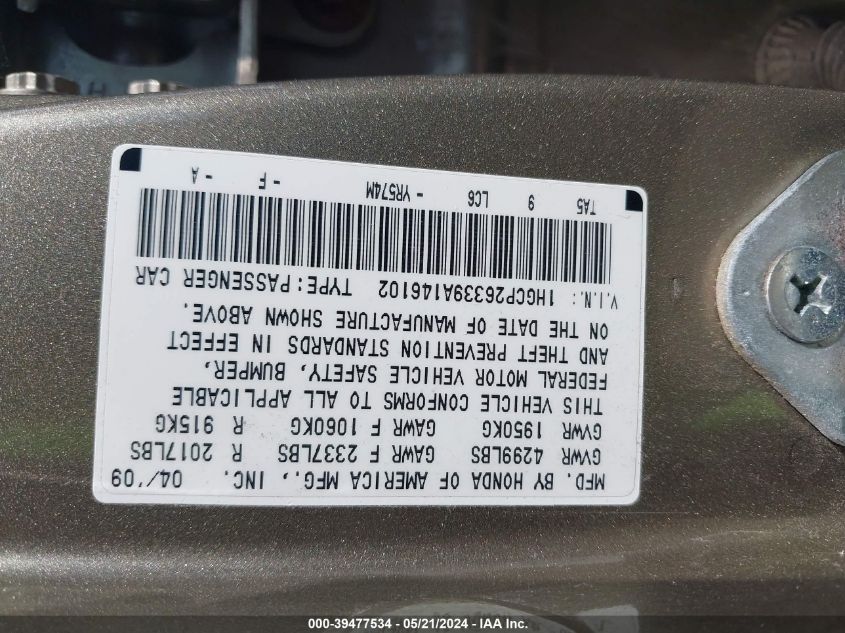 2009 Honda Accord 2.4 Lx VIN: 1HGCP26339A146102 Lot: 39477534