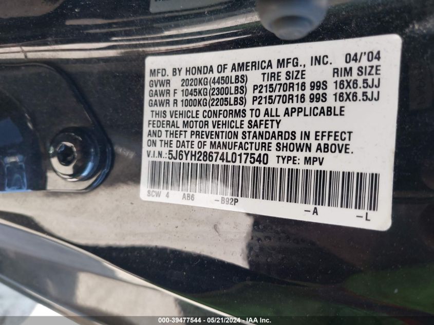 2004 Honda Element Ex VIN: 5J6YH28674L017540 Lot: 39477544
