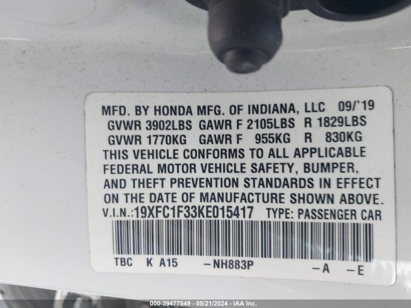 2019 Honda Civic Ex VIN: 19XFC1F33KE015417 Lot: 39477549