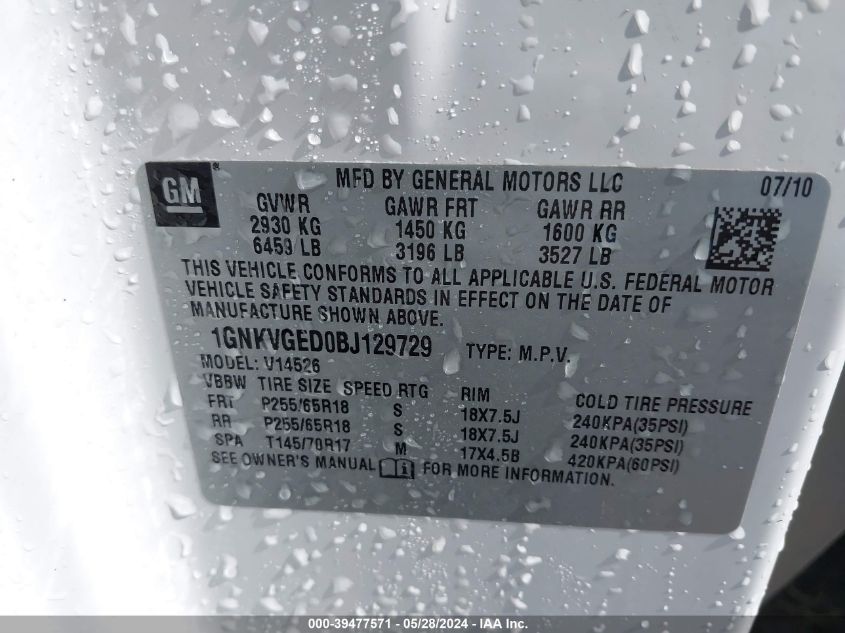 2011 Chevrolet Traverse 1Lt VIN: 1GNKVGED0BJ129729 Lot: 39477571