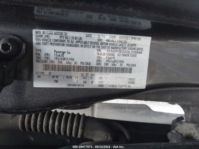 2016 Ford Focus S VIN: 1FADP3E2XGL335645 Lot: 39477573