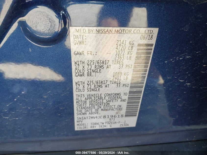 2018 Nissan Rogue Sv VIN: 5N1AT2MV4JC819618 Lot: 39477586