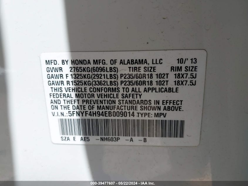 2014 Honda Pilot Touring VIN: 5FNYF4H94EB009014 Lot: 39477607