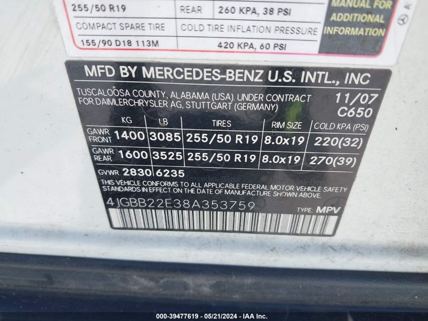 2008 Mercedes-Benz Ml 320 Cdi 4Matic VIN: 4JGBB22E38A353759 Lot: 39477619