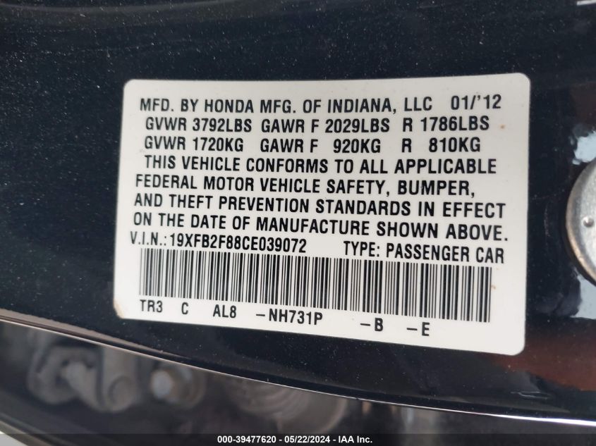2012 Honda Civic Ex VIN: 19XFB2F88CE039072 Lot: 39477620