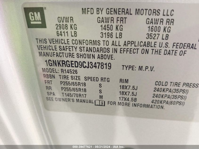 2012 Chevrolet Traverse 1Lt VIN: 1GNKRGED9CJ347819 Lot: 39477621