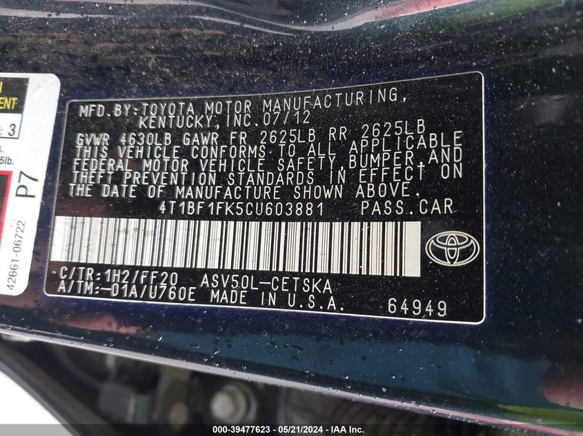 2012 Toyota Camry Se VIN: 4T1BF1FK5CU603881 Lot: 39477623