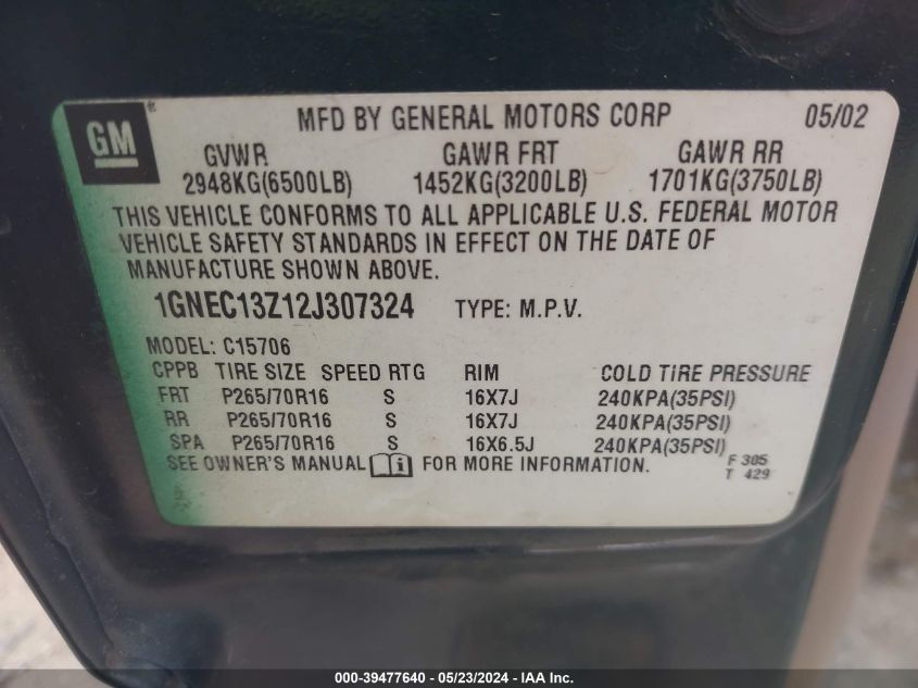 2002 Chevrolet Tahoe Ls VIN: 1GNEC13Z12J307324 Lot: 39477640