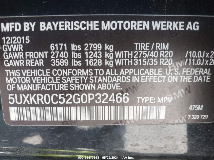 2016 BMW X5 xDrive35I VIN: 5UXKR0C52G0P32466 Lot: 39477663