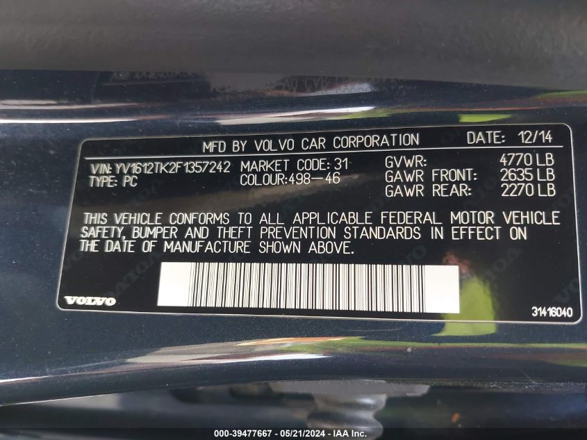 2015 Volvo S60 T5 Premier VIN: YV1612TK2F1357242 Lot: 39477667