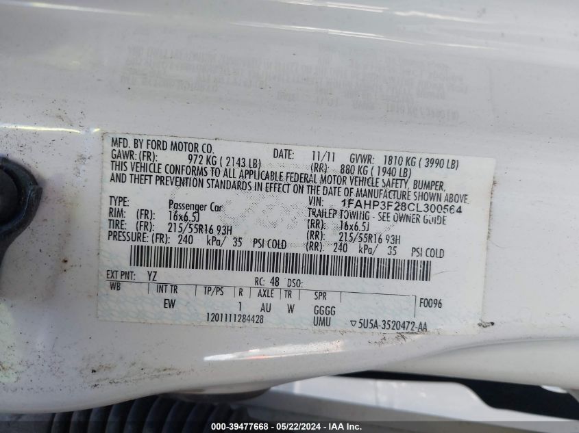 2012 Ford Focus Se VIN: 1FAHP3F28CL300564 Lot: 39477668