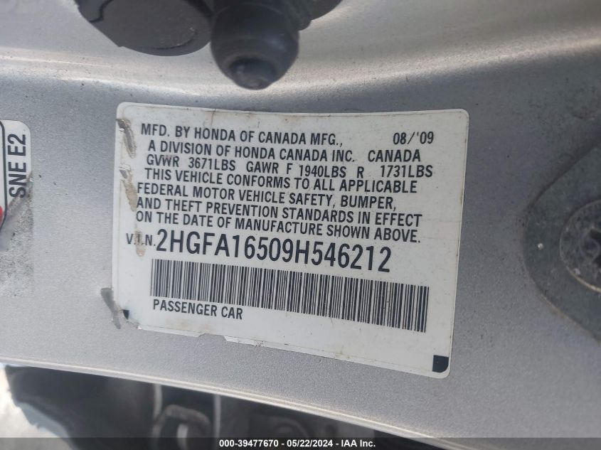 2009 Honda Civic Lx VIN: 2HGFA16509H546212 Lot: 39477670