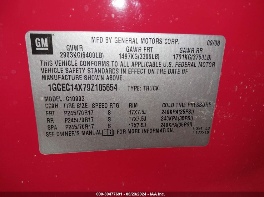 2009 Chevrolet Silverado 1500 Work Truck VIN: 1GCEC14X79Z105654 Lot: 39477691