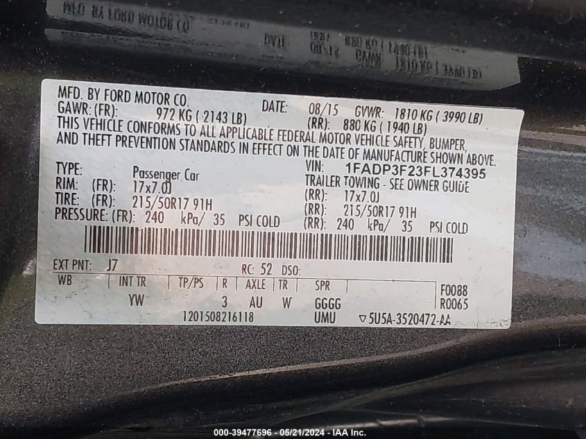 2015 Ford Focus Se VIN: 1FADP3F23FL374395 Lot: 39477696