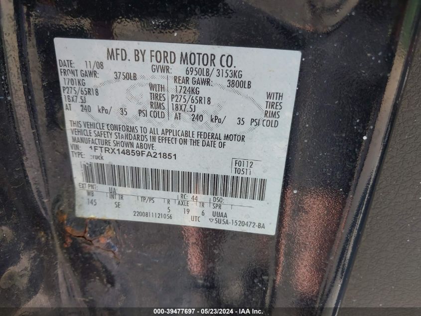 2009 Ford F-150 Stx/Xl/Xlt VIN: 1FTRX14859FA21851 Lot: 39477697