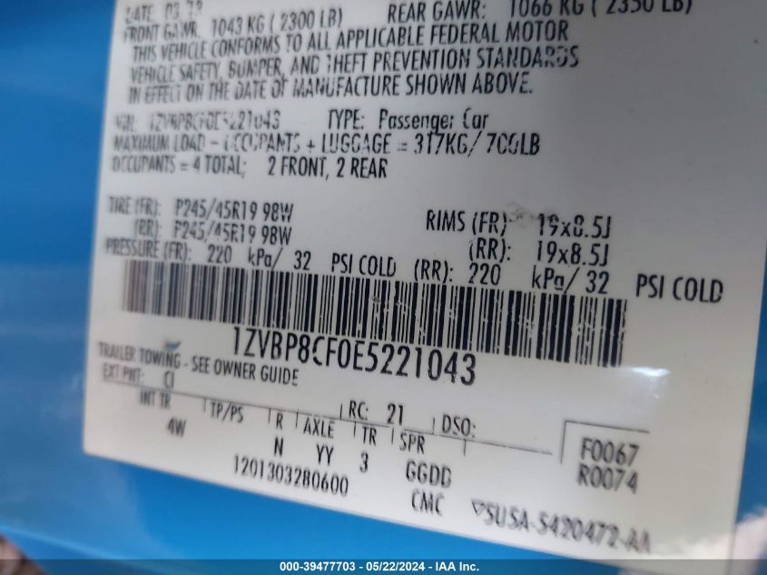 2014 Ford Mustang Gt Premium VIN: 1ZVBP8CF0E5221043 Lot: 39477703