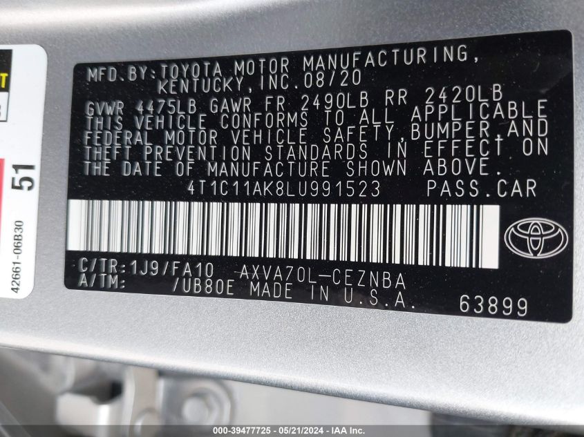 2020 Toyota Camry Le VIN: 4T1C11AK8LU991523 Lot: 39477725