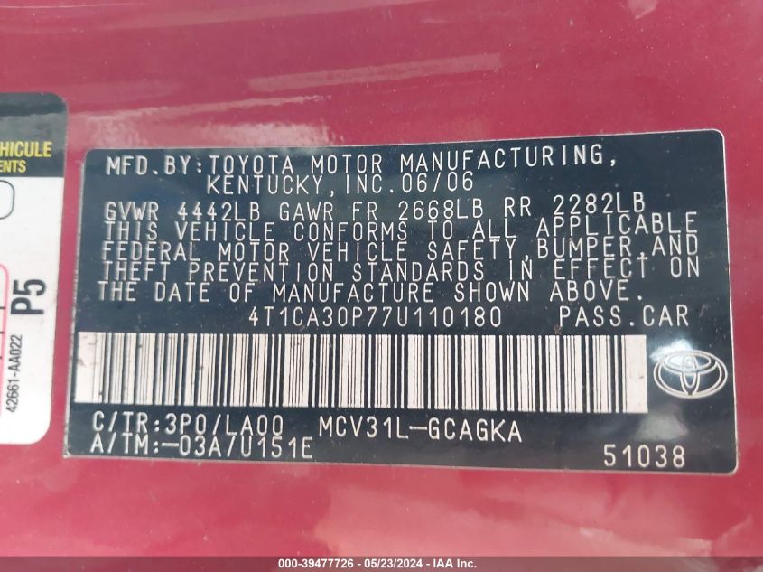 2007 Toyota Camry Solara Sle V6 VIN: 4T1CA30P77U110180 Lot: 39477726