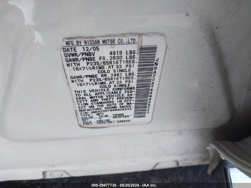 2006 Nissan Murano Sl VIN: JN8AZ08T66W409333 Lot: 39477730