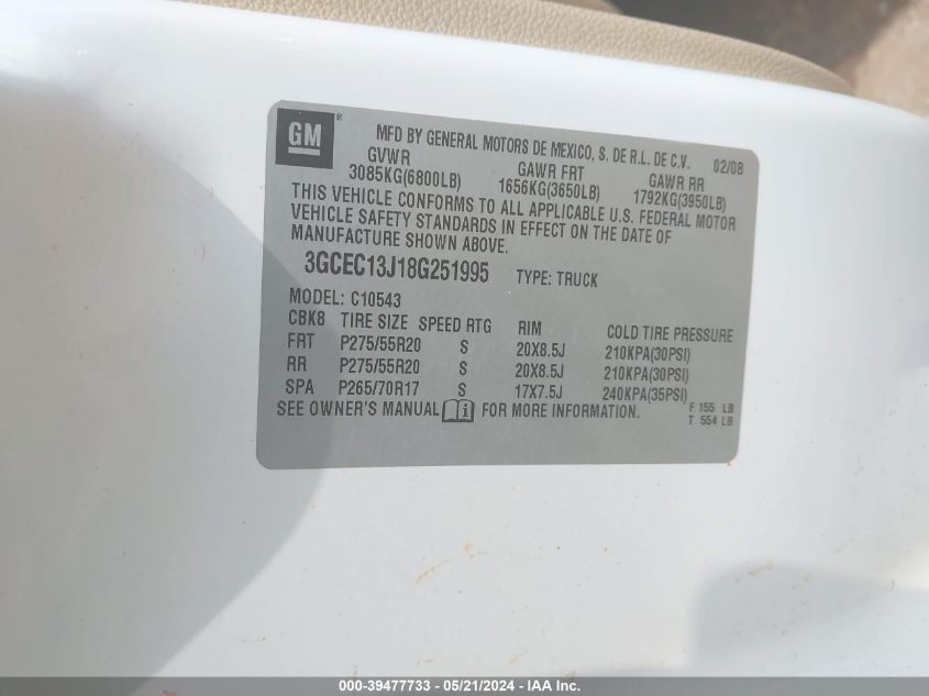 2008 Chevrolet Silverado 1500 Lt1 VIN: 3GCEC13J18G251995 Lot: 39477733