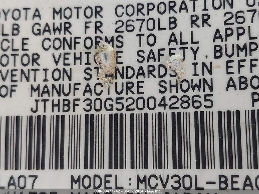 2002 Lexus Es 300 VIN: JTHBF30G520042865 Lot: 39477742