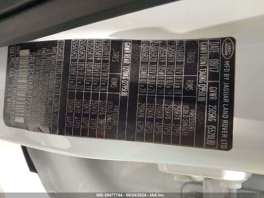 2018 Land Rover Discovery Sport Hse VIN: SALCR2RX8JH723380 Lot: 39477744