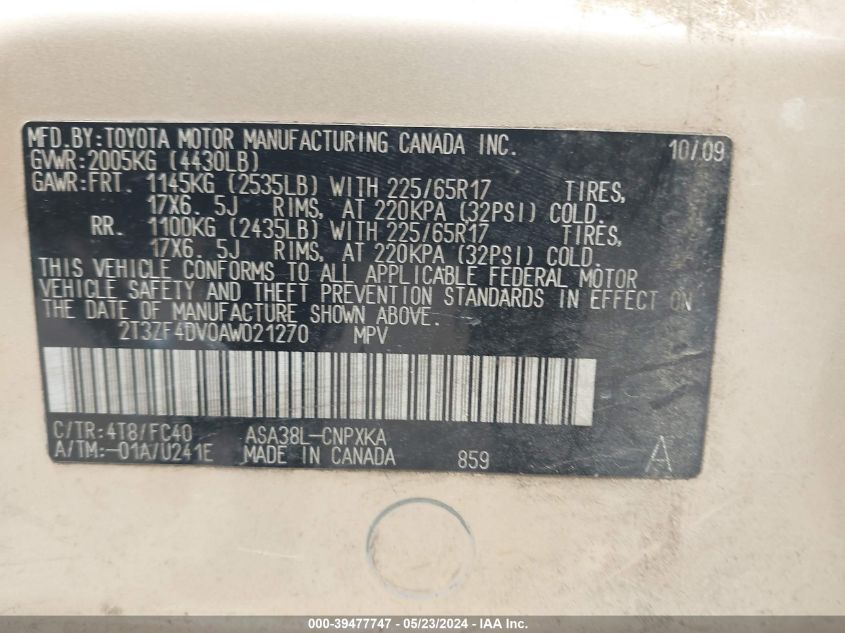 2010 Toyota Rav4 VIN: 2T3ZF4DV0AW021270 Lot: 39477747