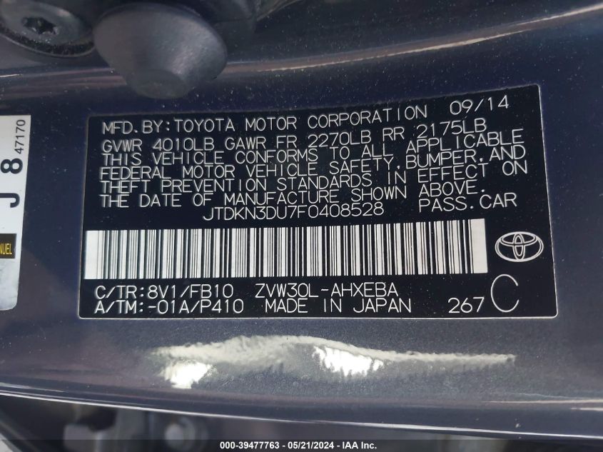 2015 Toyota Prius Two VIN: JTDKN3DU7F0408528 Lot: 39477763