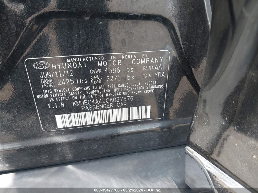 2012 Hyundai Sonata Hybrid VIN: KMHEC4A49CA037676 Lot: 39477768