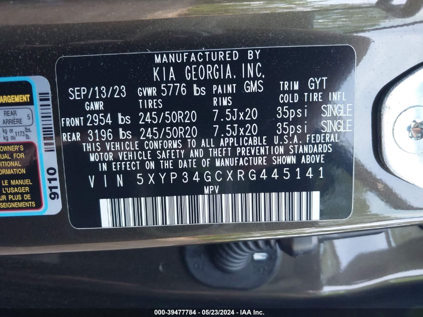 2024 Kia Telluride Ex VIN: 5XYP34GCXRG445141 Lot: 39477784