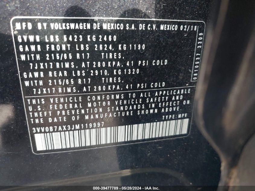2018 Volkswagen Tiguan 2.0T S VIN: 3VV0B7AX3JM119997 Lot: 39477789