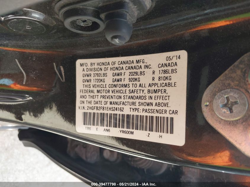 2014 Honda Civic Ex VIN: 2HGFB2F81EH524162 Lot: 39477798